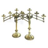 A pair of 19th century brass five-sconce Menorah with adjustable arms. h.