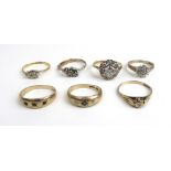 A collection of seven 9ct gold and yellow metal dress rings. Approx weight 16.