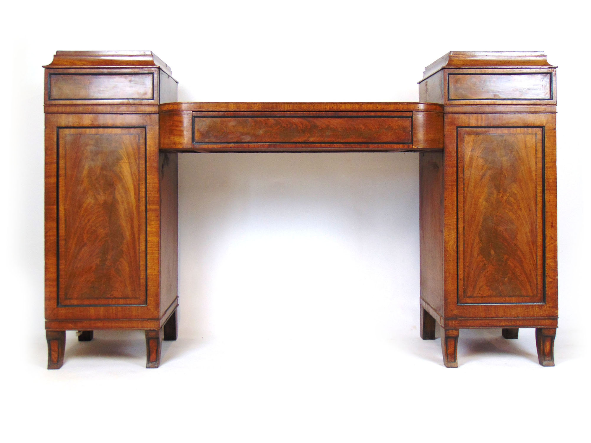 A Regency mahogany, ebony and rosewood cross banded twin pedestal sideboard,