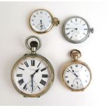 A group of four open face pocket watches to include an 8 day Goliath watch, a gold plated Elgin etc.