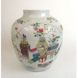 A 19th century Chinese Famille Rose porcelain ginger jar decorated with auspicious objects, h.