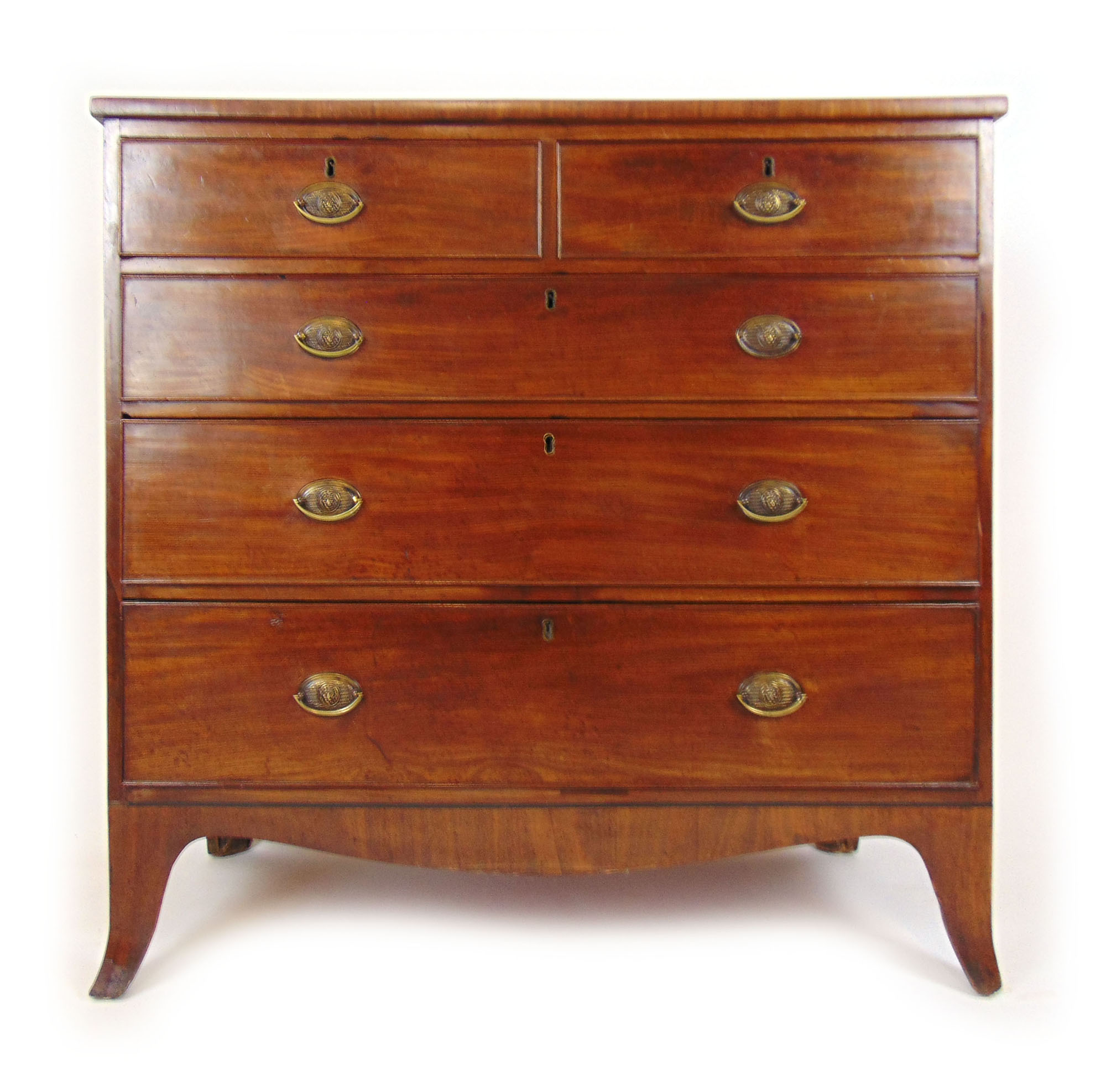 A George III mahogany and ebony strung chest of two short over three long drawers, h.