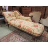 A Victorian mahogany chaise lounge upholstered in a Morris fabric, 91 cm, l. 198 cm, d.