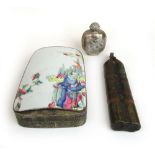 An early 20th century Chinese porcelain and white metal pot together with a snuff bottle and a
