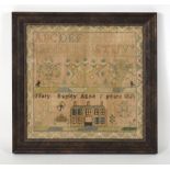 Mary Bayley (Aged 6, 1821), An alphabetical sampler depicting a cottage and gardens,