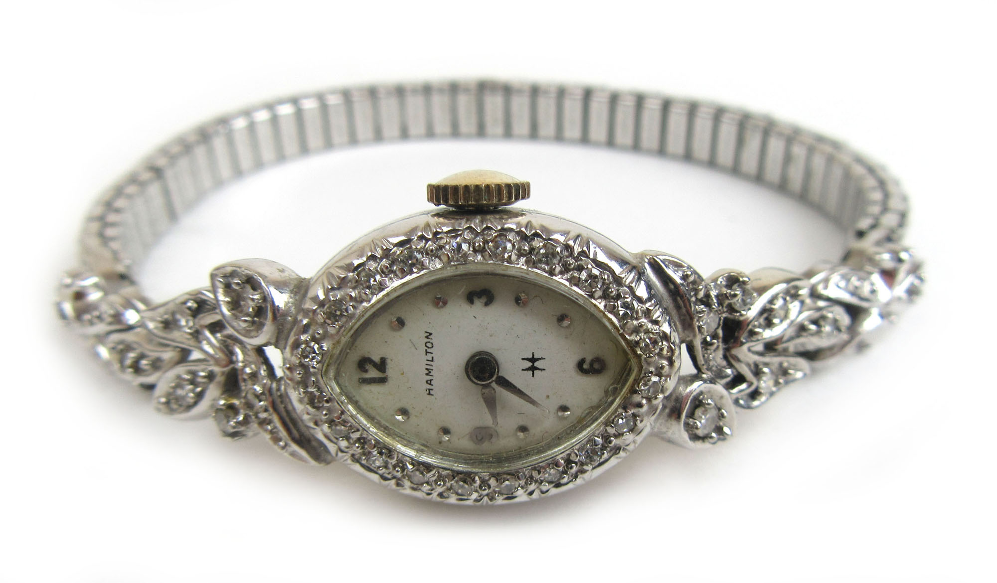 A mid 20th century ladies white metal and diamond set Hamilton cocktail watch marked '14k' - Bild 2 aus 2