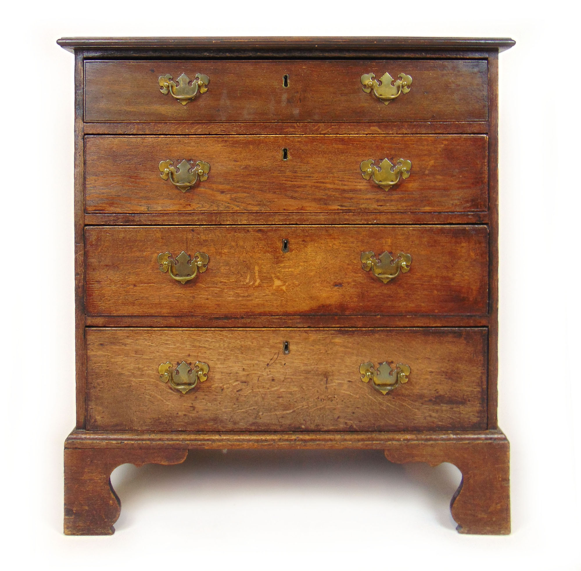 An 18th century oak chest of four long drawers on bracket feet, 88 cm, w. 83 cm, d.
