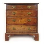 An 18th century oak chest of four long drawers on bracket feet, 88 cm, w. 83 cm, d.