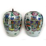 A pair of large late 19th/early 20th century Chinese porcelain ginger jars having hardwood lids,