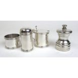 An Elizabeth II silver pepper mill together with an Elizabeth II silver three piece cruet set (no