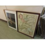 A pair of pine framed prints of still life together with a print of a helicopter and a map