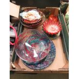 A tray of assorted coloured glassware