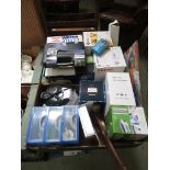 Two trays of boxed kitchen ware, screws etc.