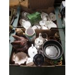 Two trays of ceramic and glassware to include rabbit biscuit barrel etc.