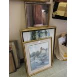 Two modern framed and glazed oils of oriental scenes together with a framed mirror and a framed
