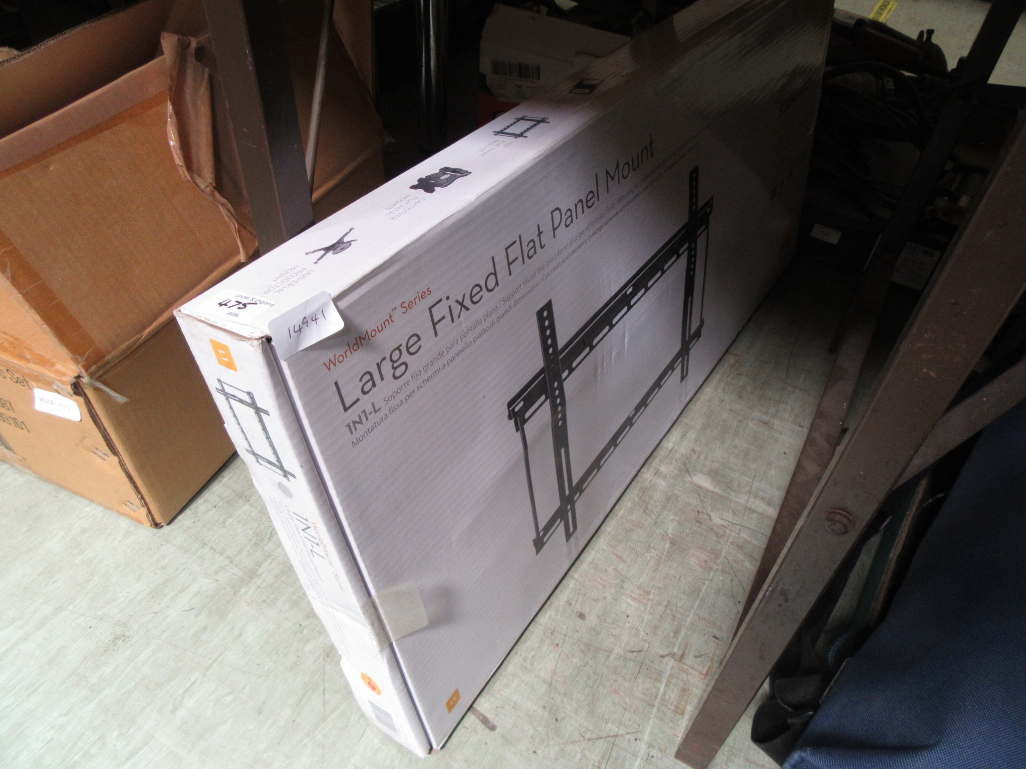A boxed large fixed flat panel television mount