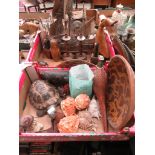Two trays of assorted items to include a galleon, wooden duck, model of pheasant, shells etc.