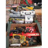 Two trays of small hand tools, security lights, clamps etc.