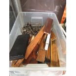 A box containing a quantity of boxwood rulers, Moore Wright micrometer, hand vices, Mytutoyo