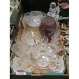 A tray of assorted glassware to include bowls, decanters, drinking vessels etc.