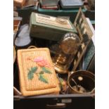 A tray containing an assortment of items to include clocks, sewing box binoculars etc.