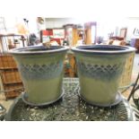 Two blue glazed garden pots