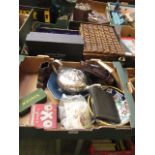 Two trays of assorted items to include old tins, silver plated teapot, wicker basket etc.