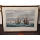 A framed and glazed print of sailing vessels after Anthony Buckley