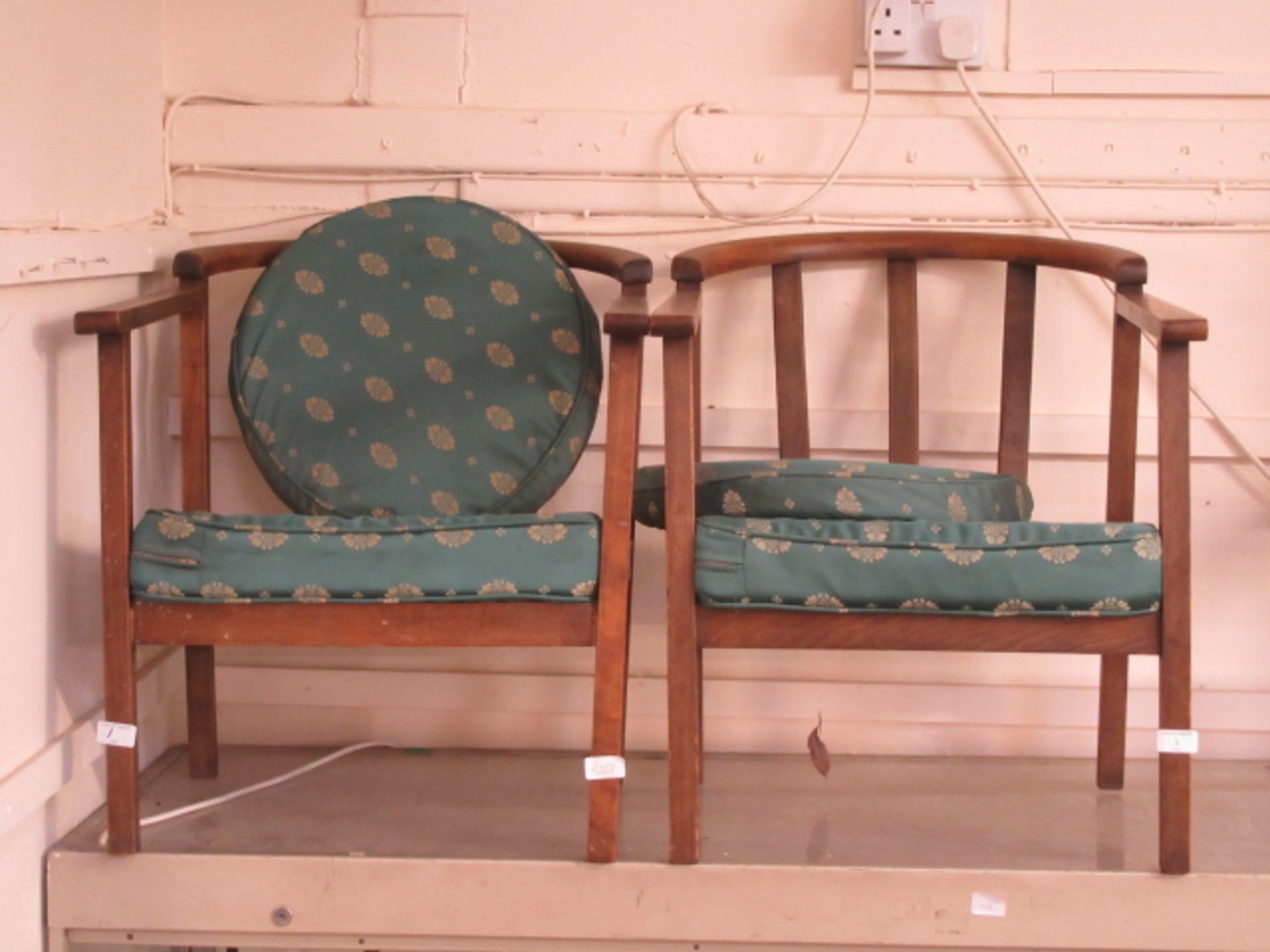 A pair of early 20th century beech framed open armchairs