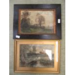 A framed oil on board of countryside scene signed Wilson along with a framed and glazed watercolour