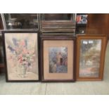 Two framed and glazed watercolours of country and shed scenes along with a print