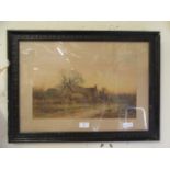 A framed and glazed print of country lane scene