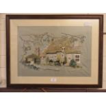 A framed and glazed needlework of cottage scene