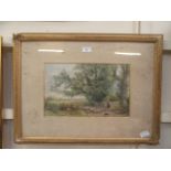 A framed and glazed 19th century watercolour of sheep going through gate scene initialled bottom