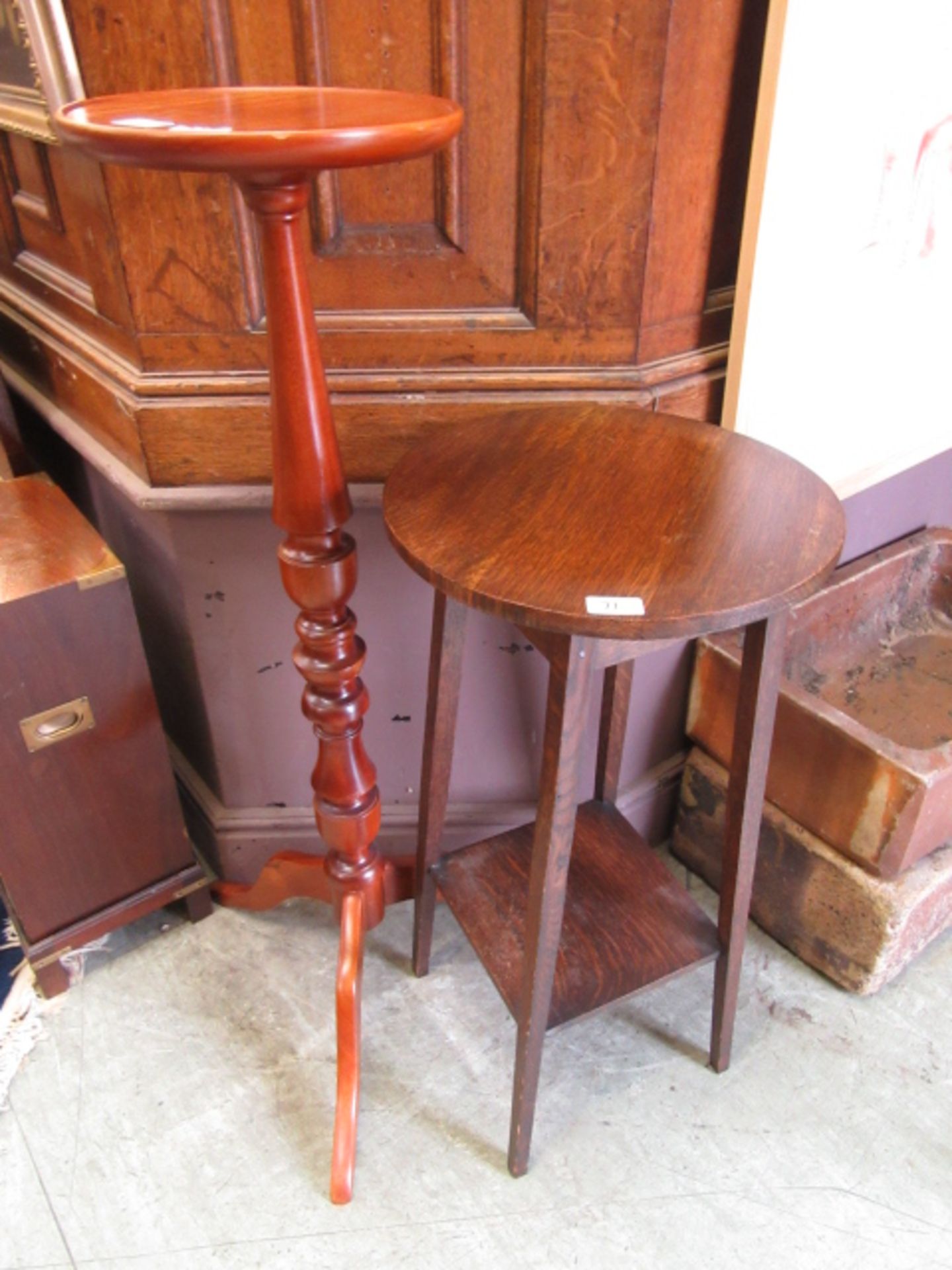 A modern jardiniere stand along with an early 20th century oak occasional table