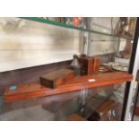 A cased 28'' beam compass, GPO oil can, apothecary scales,