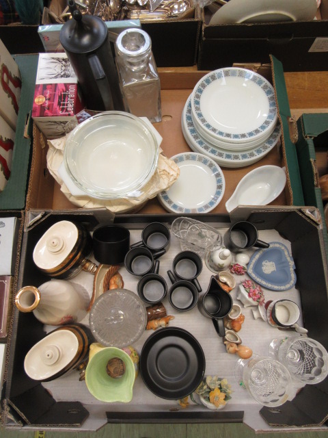 Two trays of ceramic and glass ware to include plates, Wade flagons, Jasperware etc.