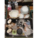 Two trays of ceramic and glass ware to include plates, Wade flagons, Jasperware etc.