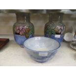 A pair of Royal Doulton Lambeth glazed vases together with a blue and white bowl