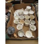 A tray containing a quantity of ceramic coronation mugs, part tea set etc.