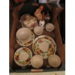 A tray containing a floral part dinner set, cheese dish, rabbit etc.