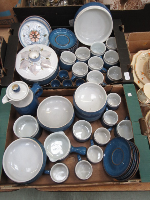 Two trays of Denby blue and white ceramic table ware to include coffee pot, cups, saucers,