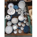 Two trays of Denby blue and white ceramic table ware to include coffee pot, cups, saucers,