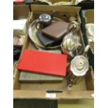 A tray containing cased flatware, plated tea pots etc.