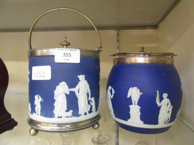 Two white metal rimmed blue and white Jasper ware biscuit barrels