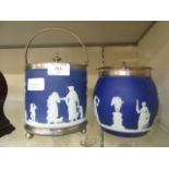 Two white metal rimmed blue and white Jasper ware biscuit barrels