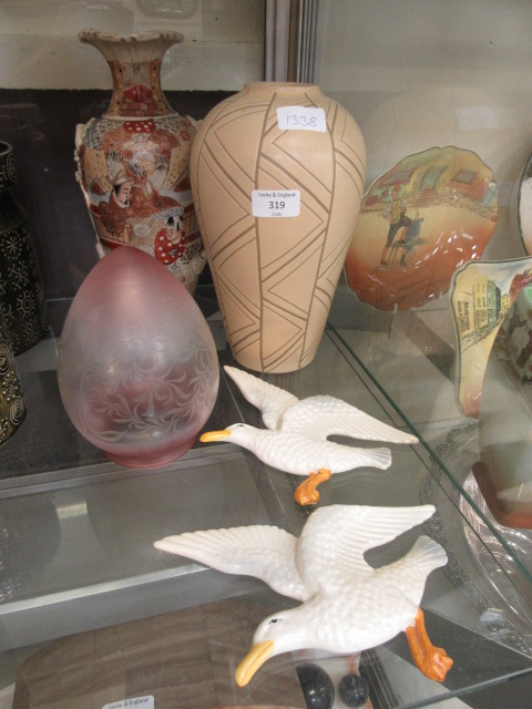 A pair of Sylvac flying seagulls together with an oriental vase,