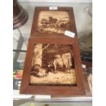 Two oak framed Minton tiles of cattle CONDITION REPORT: One back loose.