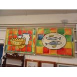 A pair of framed oil on canvas paintings of bread and fish