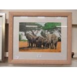 A framed and glazed watercolour of elephants and trees initialed bottom right